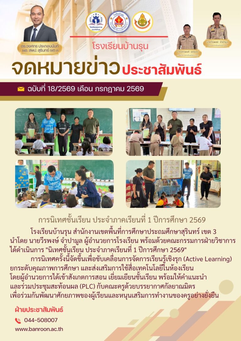 โรงเรียนบ้านรุน ดำเนินการนิเทศชั้นเรียน ภาคเรียนที่ 1/2569
